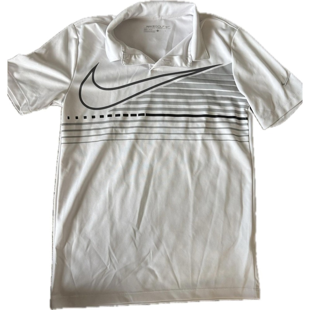 Nike Golf Dri-FIT‎ Polo Shirt Large White Gray Stripe Swoosh Boys L